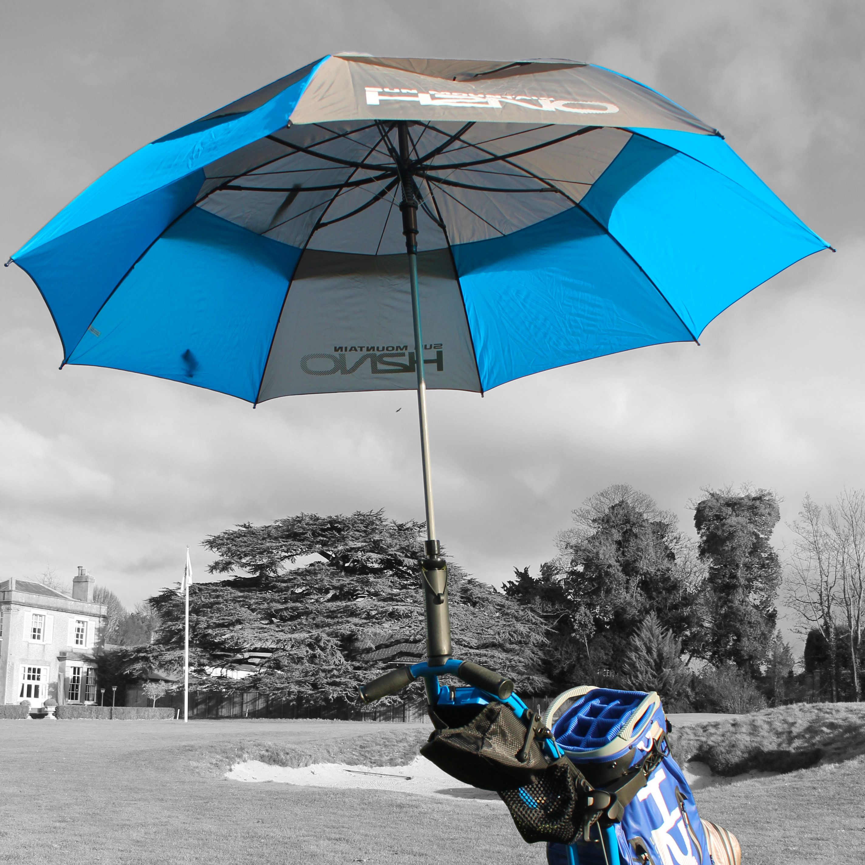 A 2019 H2NO Umbrella on a Sun Mountain Golf Bag